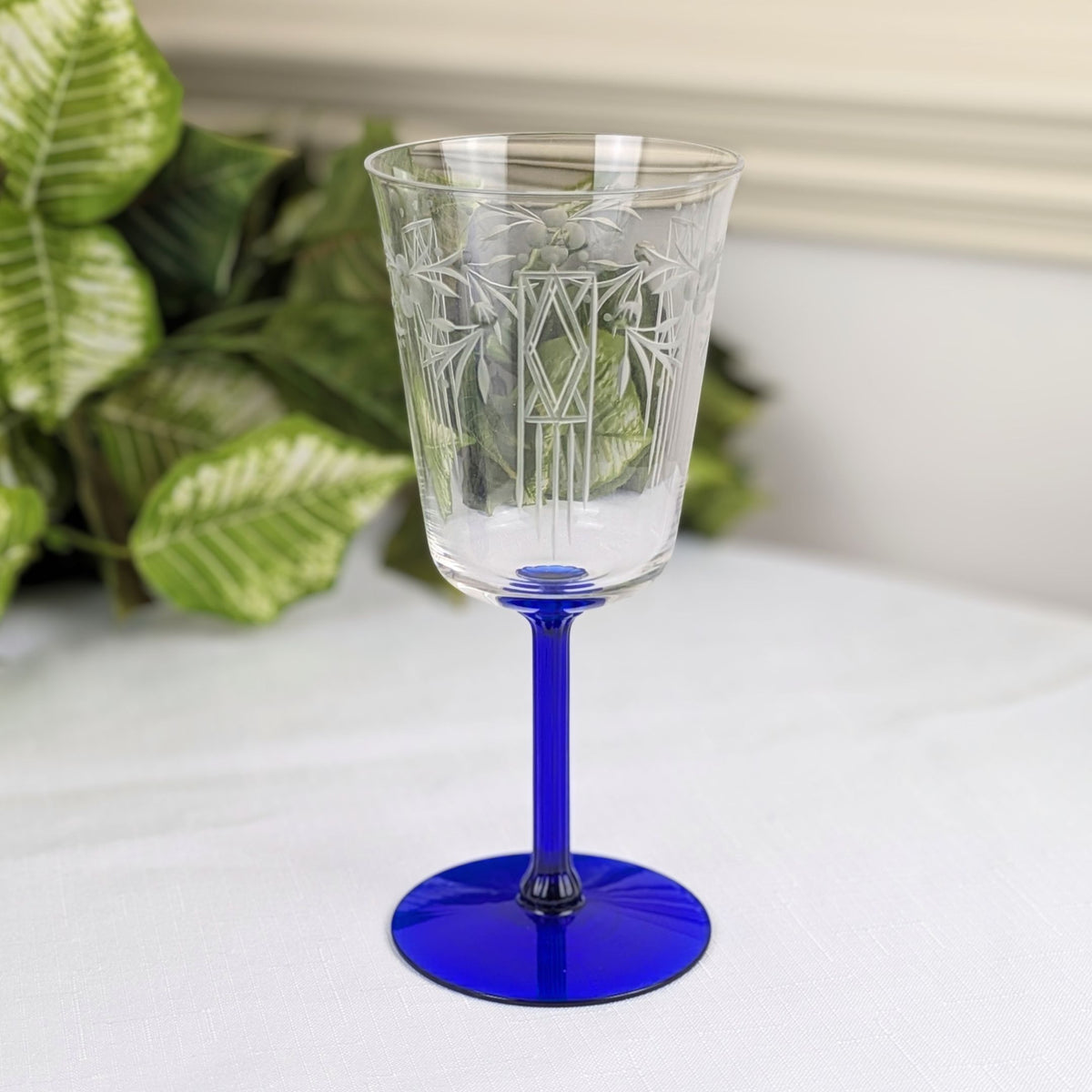 Community Crystal "Noblesse" Art Deco Water Goblets, Cobalt Stems (Set of 6)