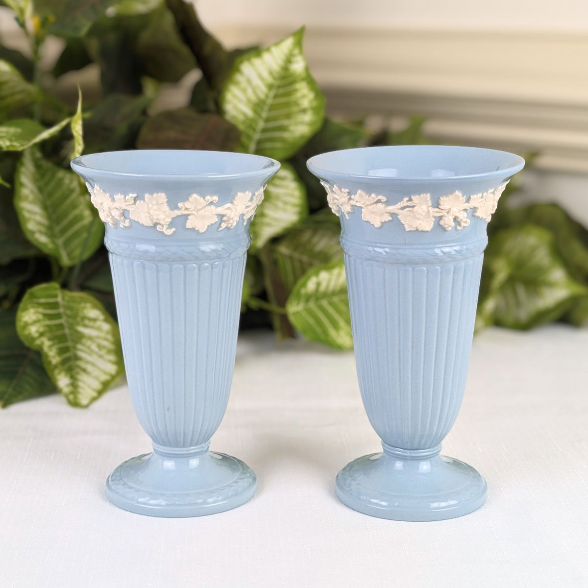 Wedgwood Queensware Cream on Lavender 6.5" Trumpet Vases (Pair)