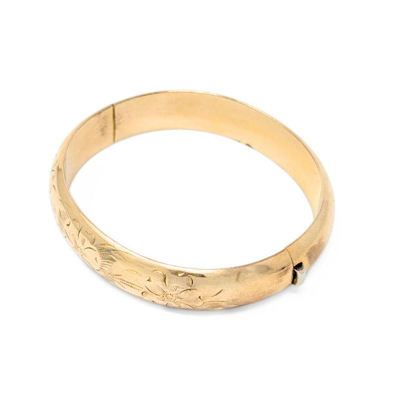 Marathon Edwardian 12K Gold Filled Floral Chased 12mm Hinged Bangle Bracelet