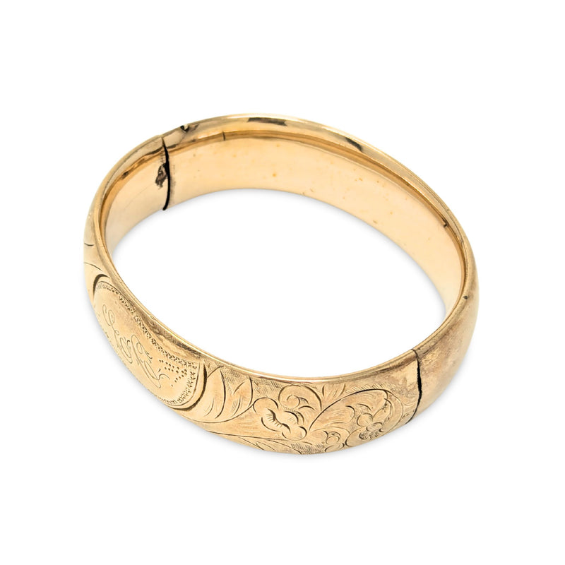 Antique Gold Filled 18mm “E.C.” Monogramed Repousse Hinged Bangle Bracelet