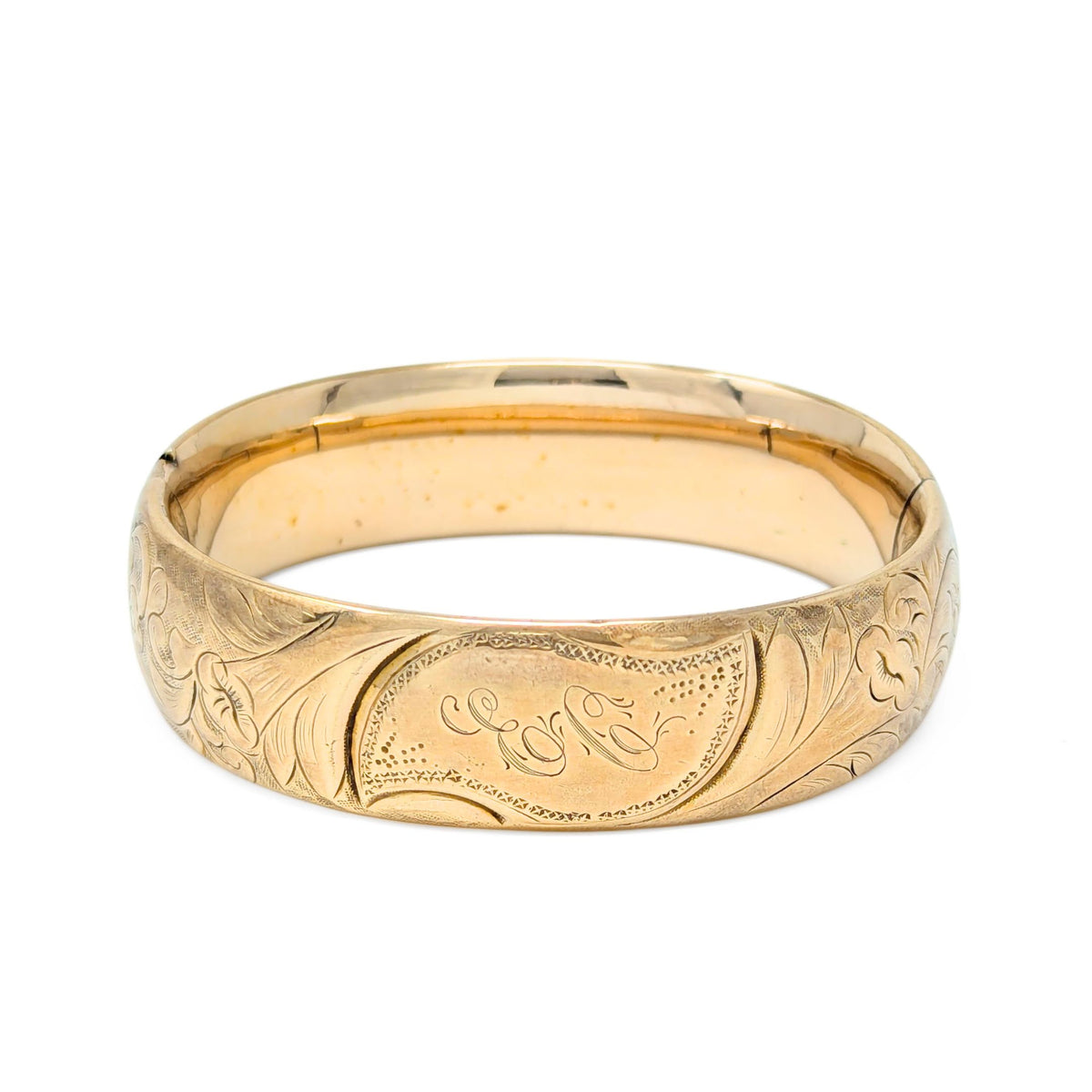 Antique Gold Filled 18mm “E.C.” Monogramed Repousse Hinged Bangle Bracelet
