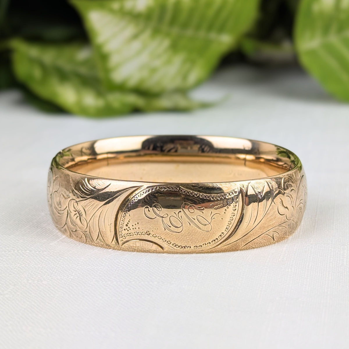 Antique Gold Filled 18mm “E.C.” Monogramed Repousse Hinged Bangle Bracelet