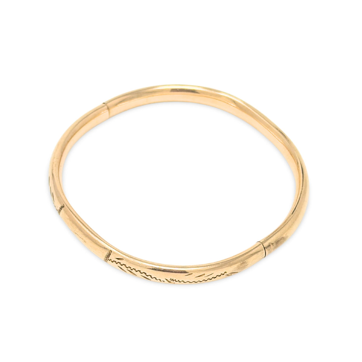Art Deco 12K Gold Filled 5.9mm Cartouche Etched Hinged Bangle Bracelet