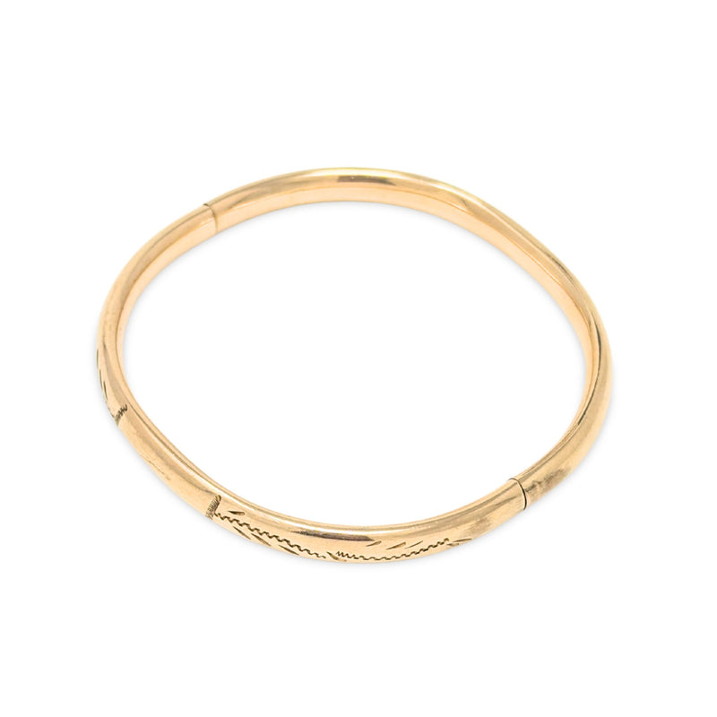 Art Deco 12K Gold Filled 5.9mm Cartouche Etched Hinged Bangle Bracelet