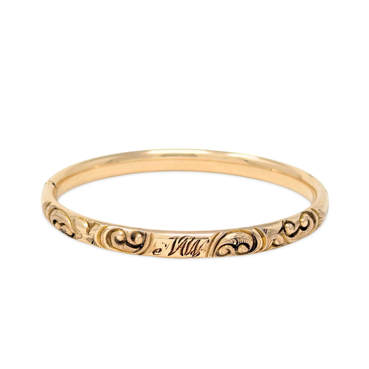 R.F.S. Victorian High Relief Repousse Hinged Bangle Bracelet, "MW" Monogram