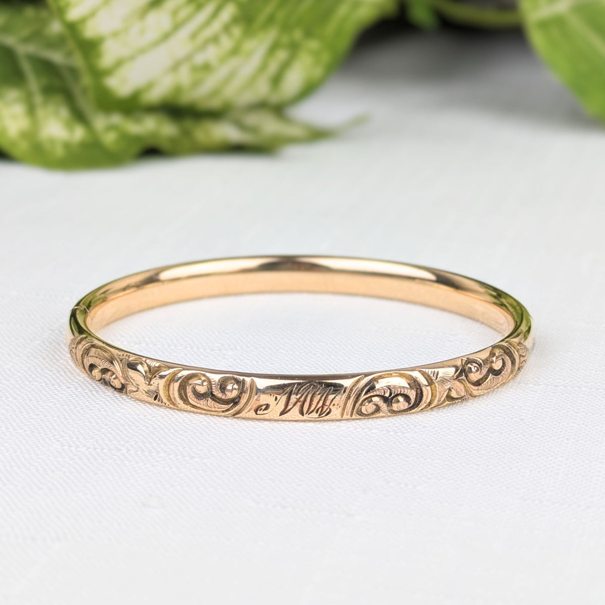 R.F.S. Victorian High Relief Repousse Hinged Bangle Bracelet, "MW" Monogram