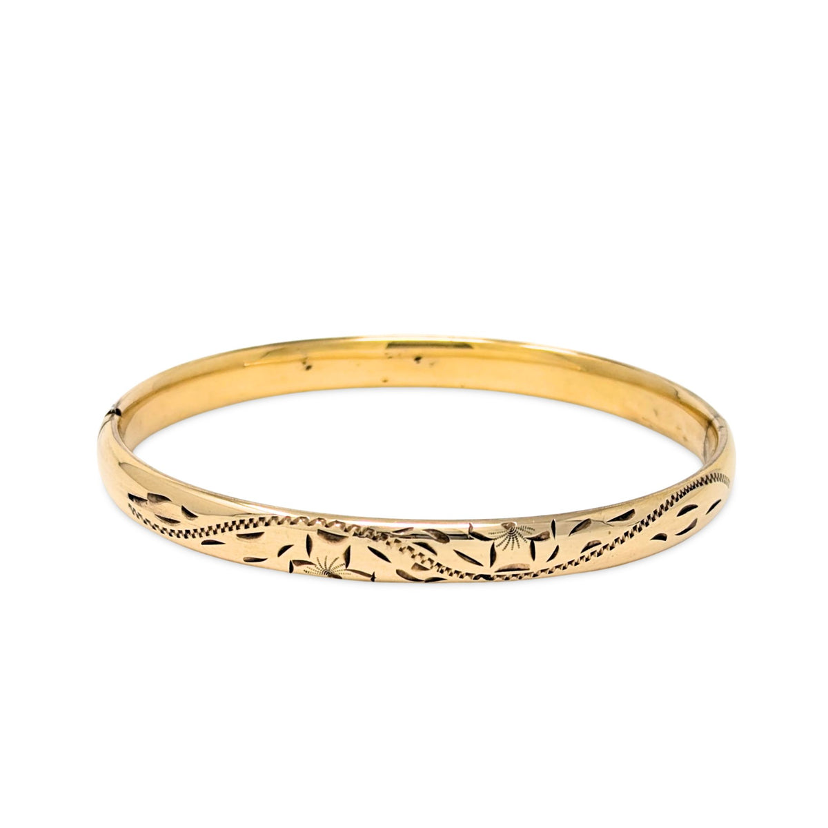 Edwardian 12K Gold Filled Etched 6mm Hinged Bangle Bracelet