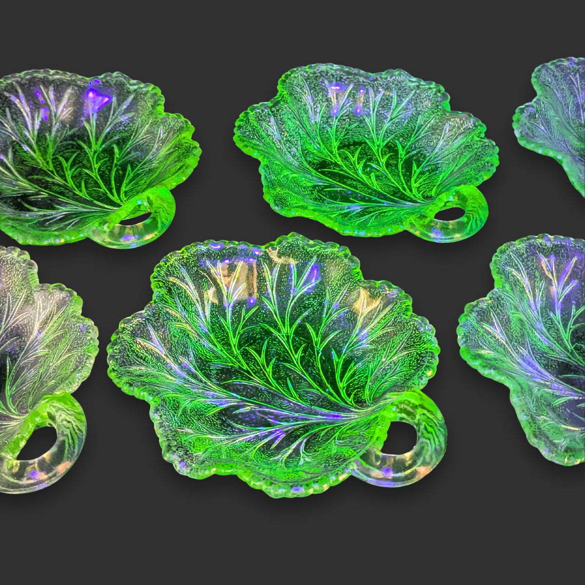 Indiana Glass Co. "Pebble Leaf" Uranium Glass 7" Handled Nappy Dishes (6)