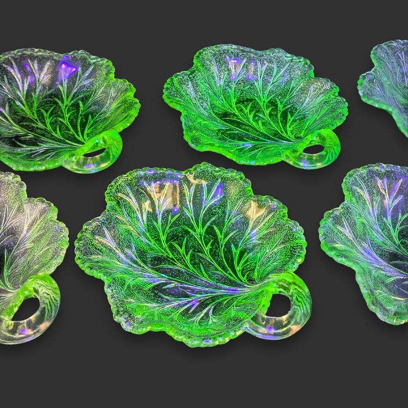 Indiana Glass Co. "Pebble Leaf" Uranium Glass 7" Handled Nappy Dishes (6)