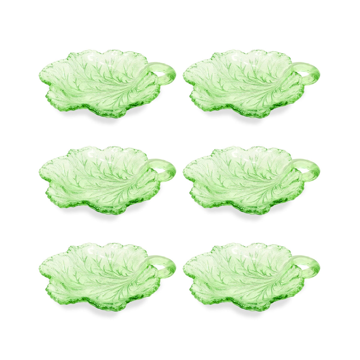 Indiana Glass Co. "Pebble Leaf" Uranium Glass 7" Handled Nappy Dishes (6)