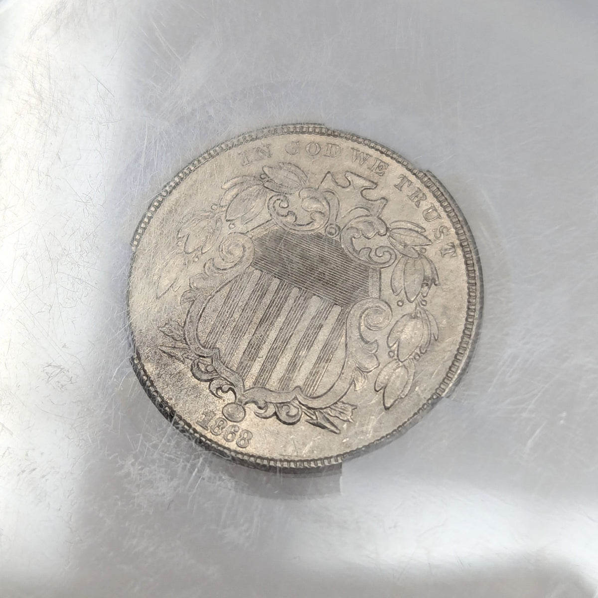 1868 CAC AU58 Shield Nickel