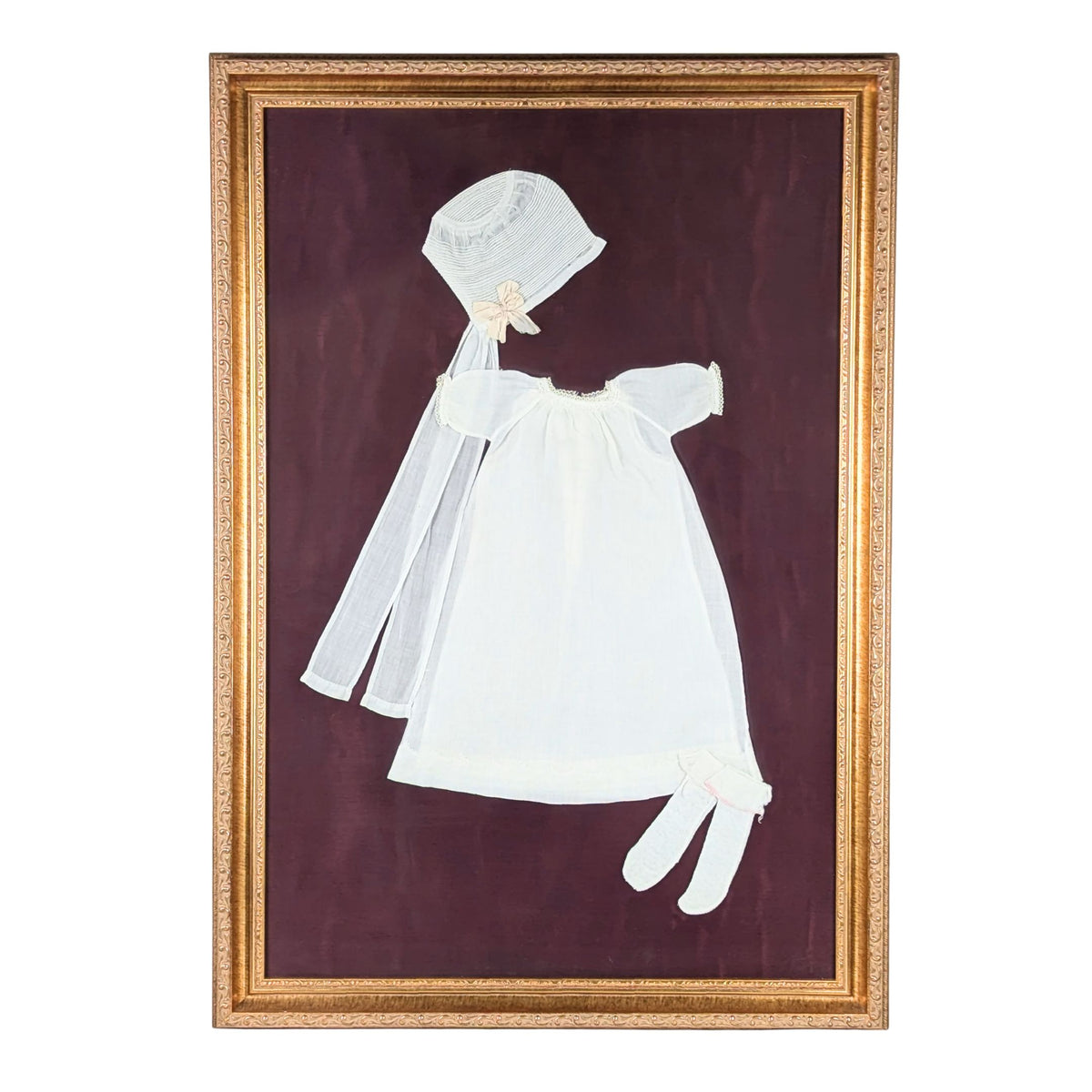 Antique Framed Christening Gown Set - Gown, Cap, & Socks