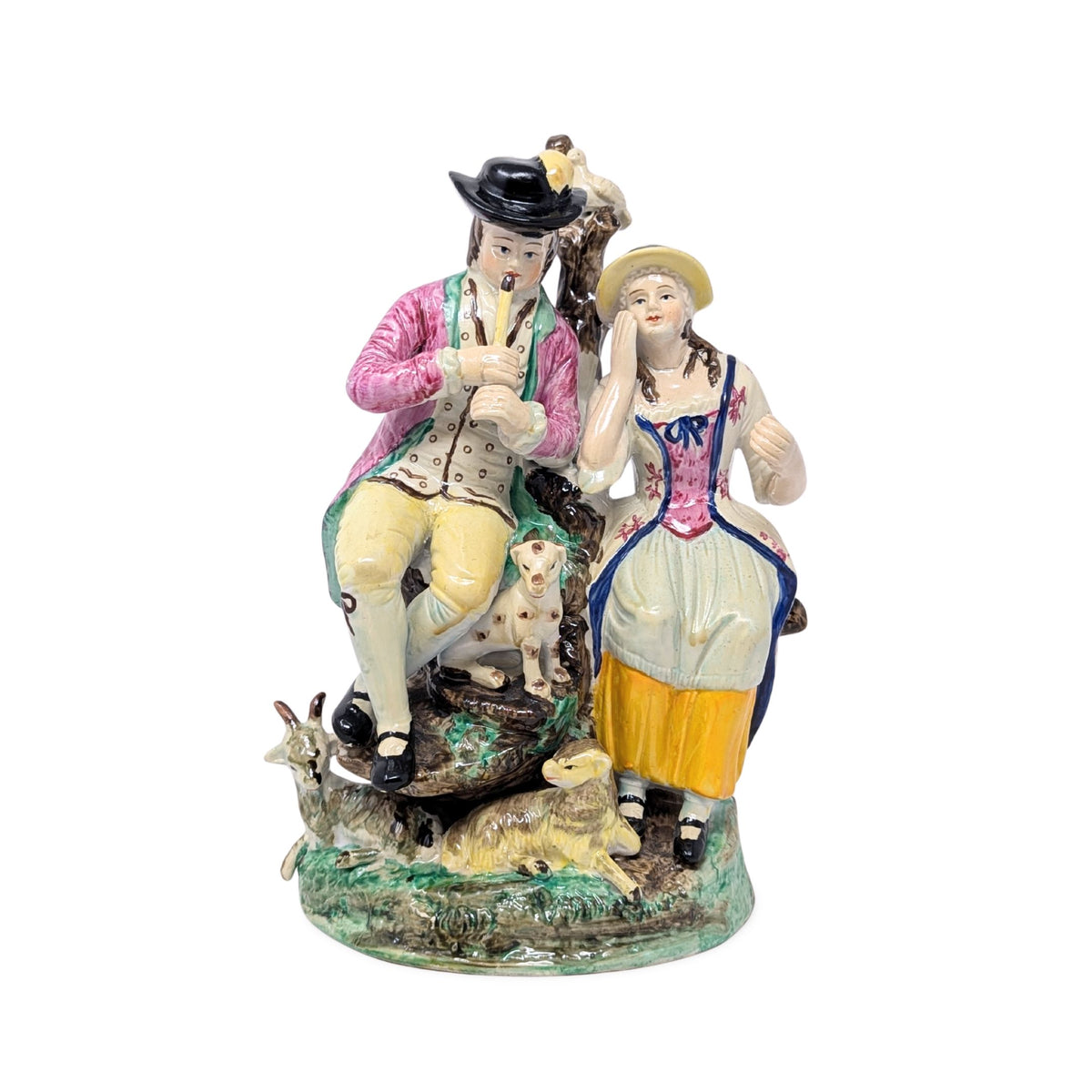 Antique Staffordshire Flute Player, Woman, & Animals Figurine