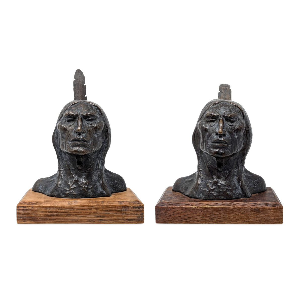 Original F. West Signed 1913 Bronze Native American Indian Busts