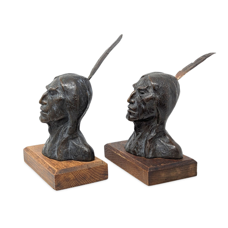 Original F. West Signed 1913 Bronze Native American Indian Busts
