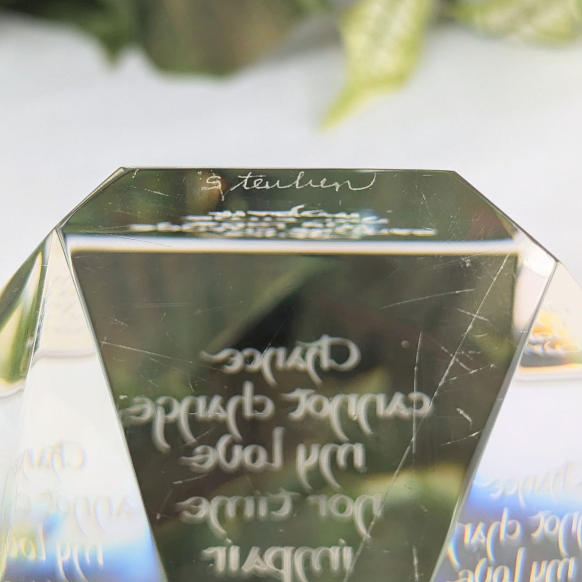 Steuben Crystal Prism Paperweight w/ Robert Browning Poem Excerpt