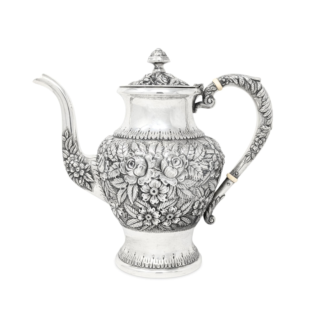 Antique S. Kirk & Son Sterling Repousse 3pc Tea Service 474F, Hand Decorated