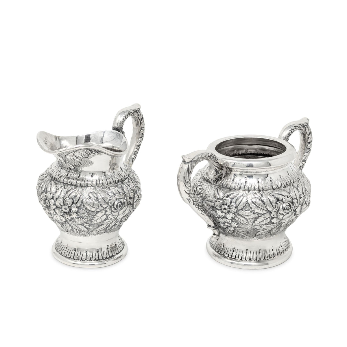 Antique S. Kirk & Son Sterling Repousse 3pc Tea Service 474F, Hand Decorated