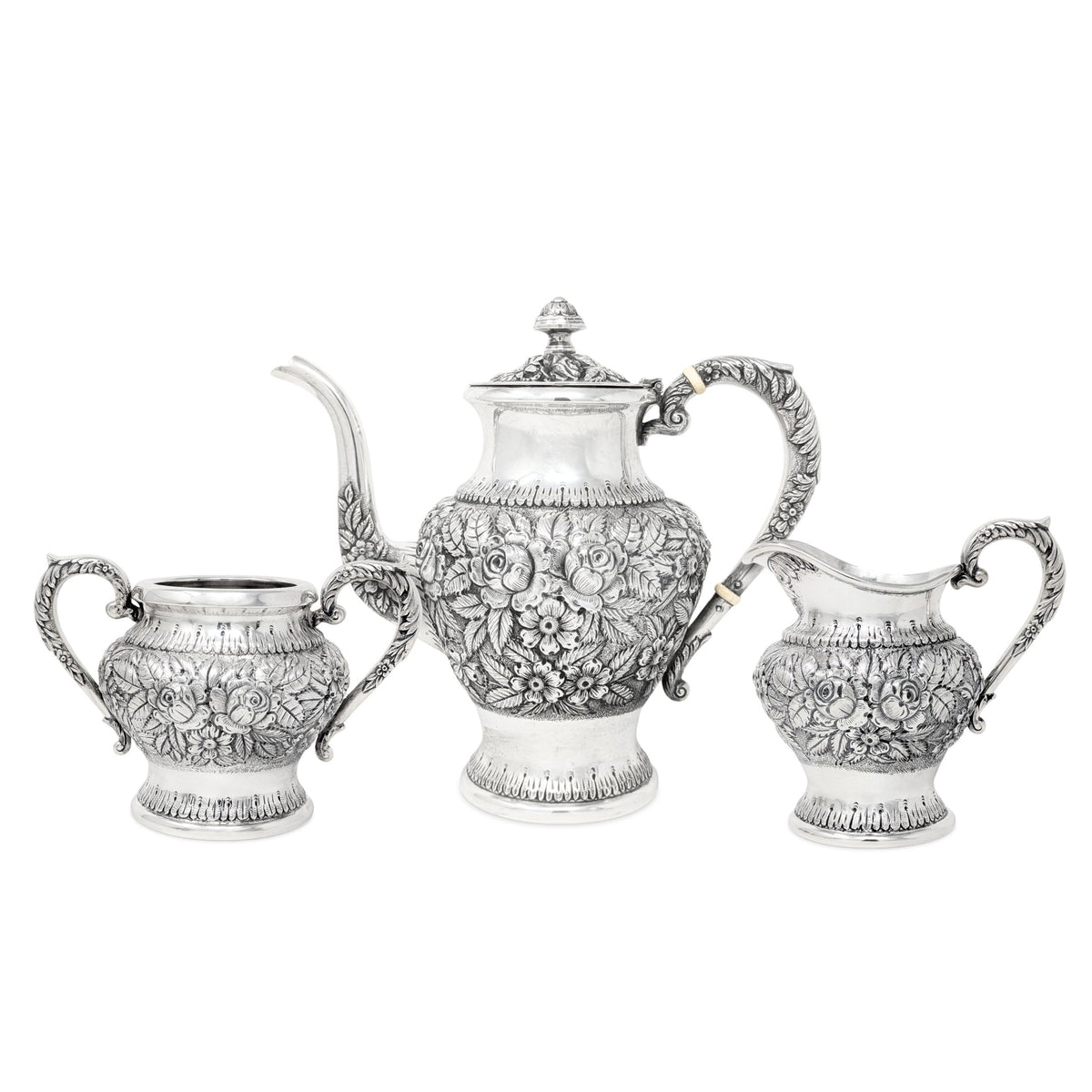 Antique S. Kirk & Son Sterling Repousse 3pc Tea Service 474F, Hand Decorated