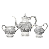 Antique S. Kirk & Son Sterling Repousse 3pc Tea Service 474F, Hand Decorated