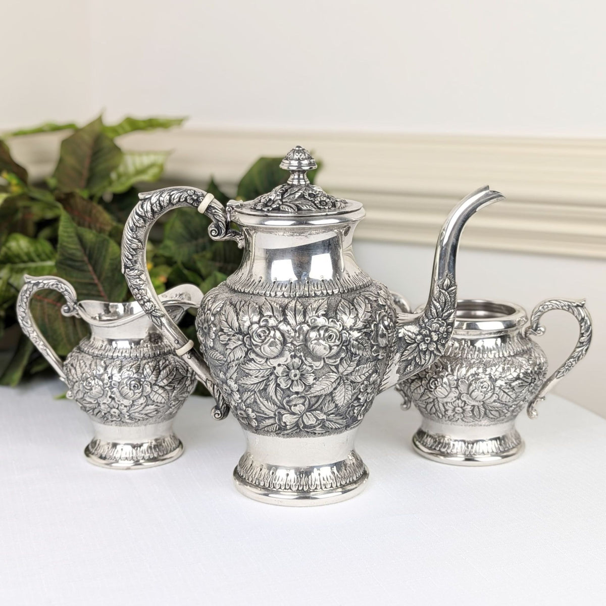 Antique S. Kirk & Son Sterling Repousse 3pc Tea Service 474F, Hand Decorated