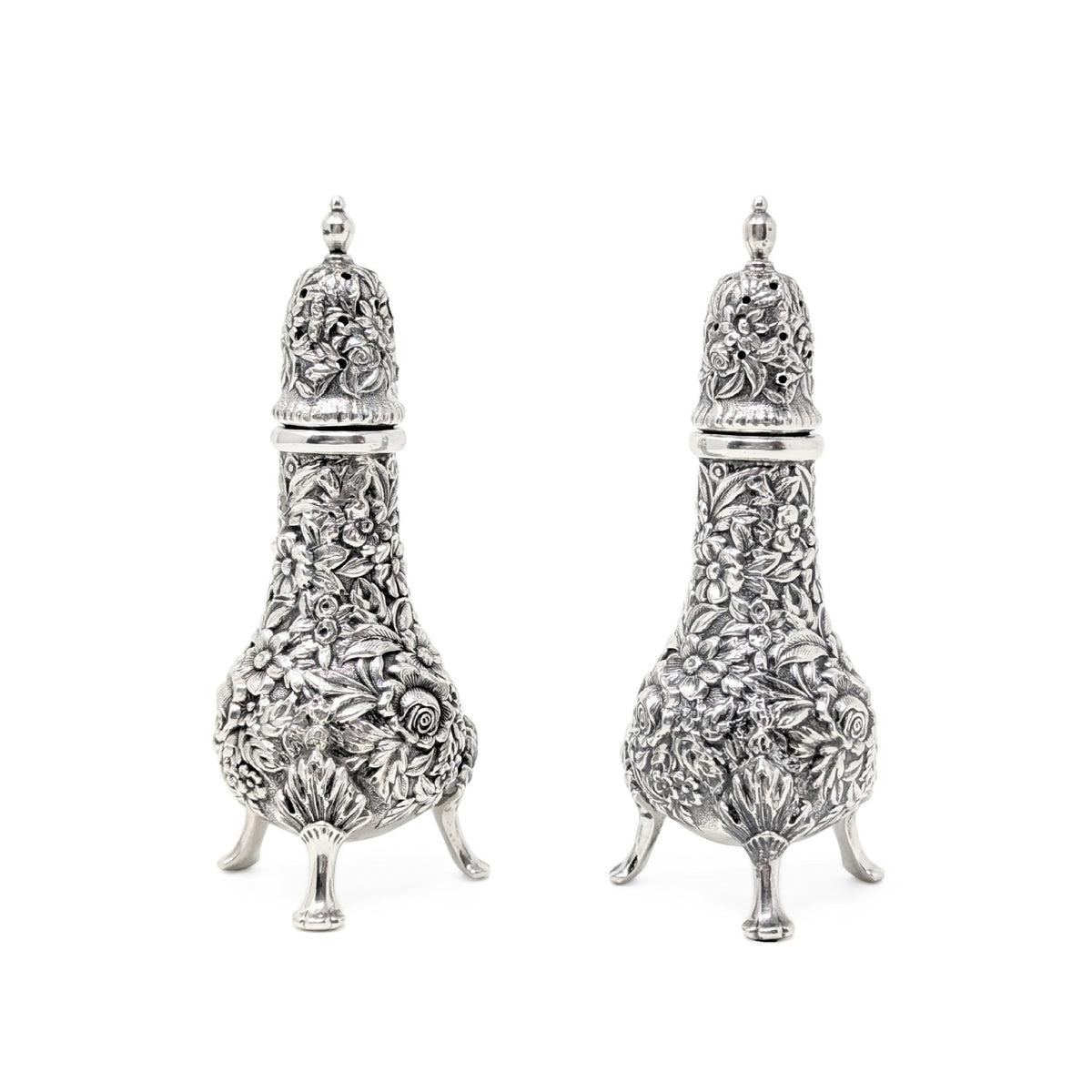 S. Kirk & Son Sterling Repousse Footed Salt & Pepper Shakers