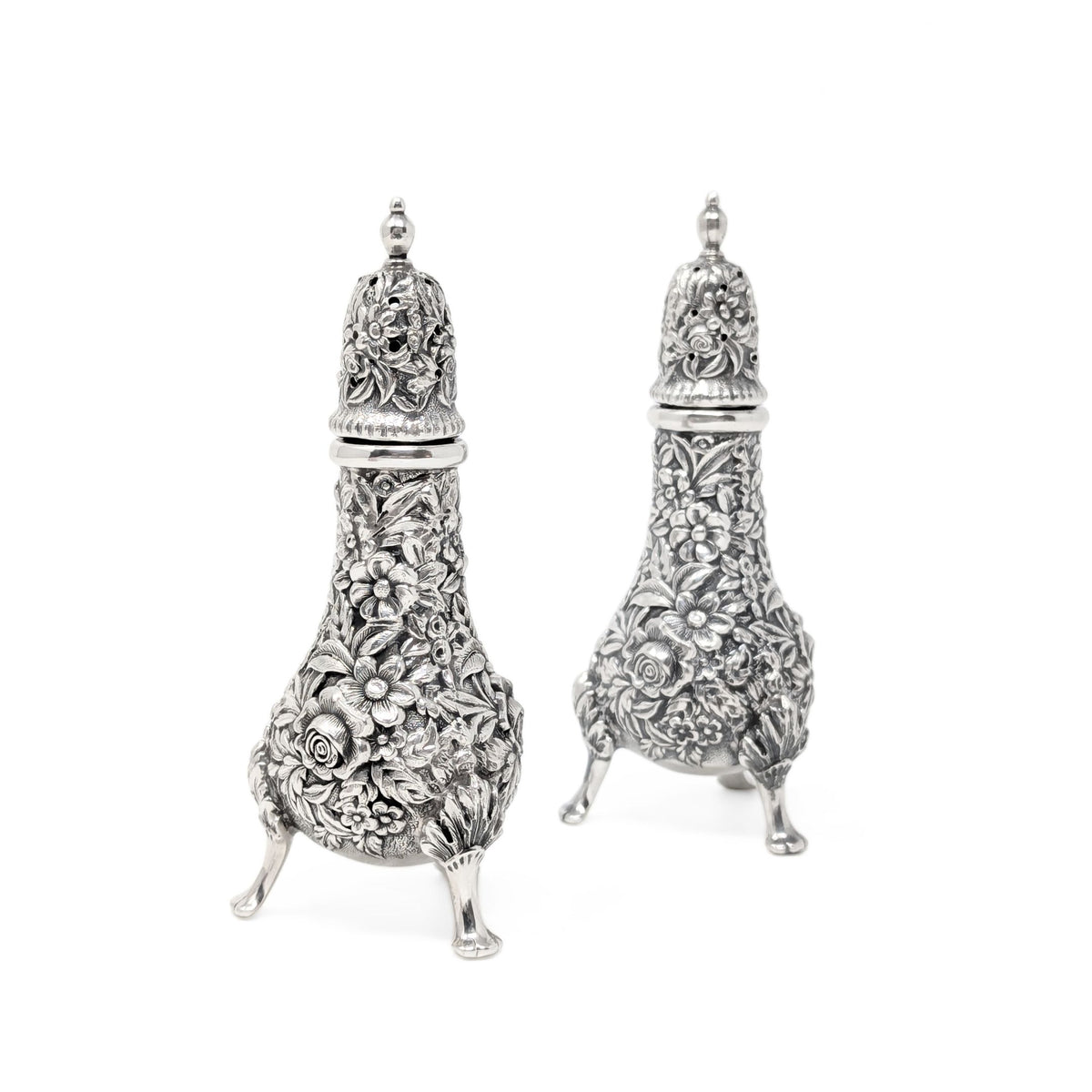 S. Kirk & Son Sterling Repousse Footed Salt & Pepper Shakers