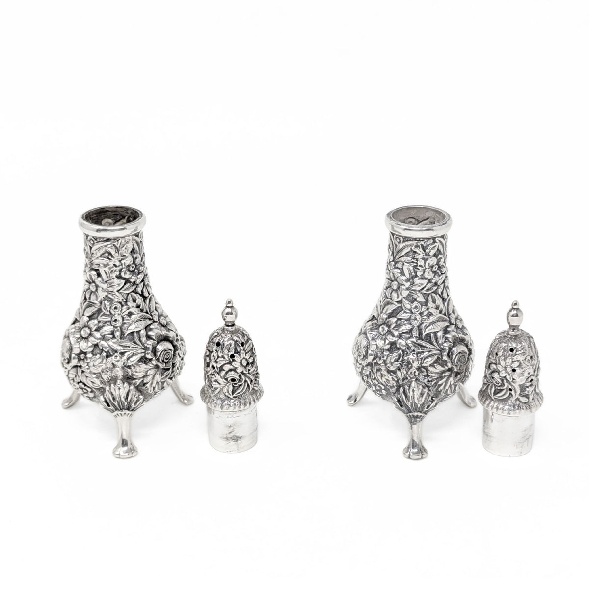 S. Kirk & Son Sterling Repousse Footed Salt & Pepper Shakers