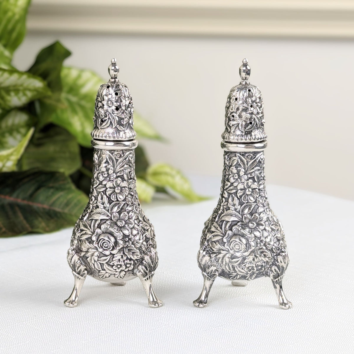 S. Kirk & Son Sterling Repousse Footed Salt & Pepper Shakers