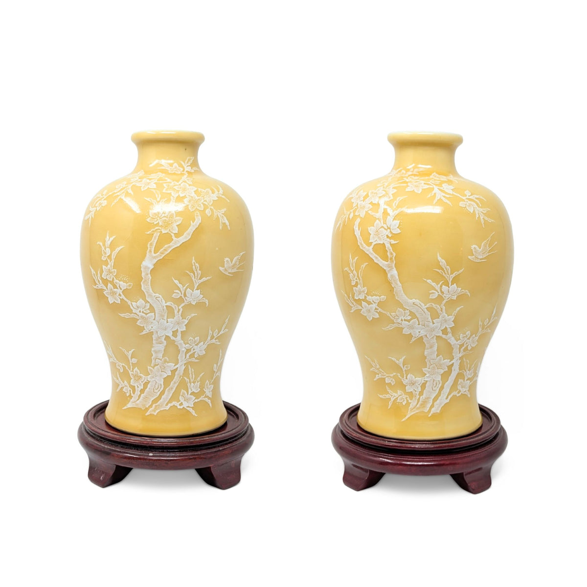 Pair of Pâte-sur-Pâte Porcelain Vases with Decorative Wood Stands