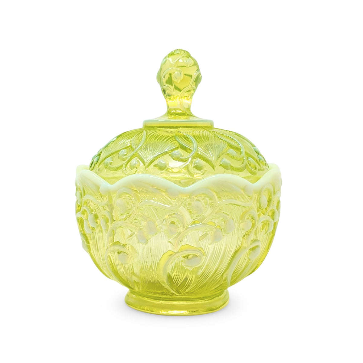 Fenton “Lily of the Valley” Topaz Green Uranium Glass Lidded Candy Dish