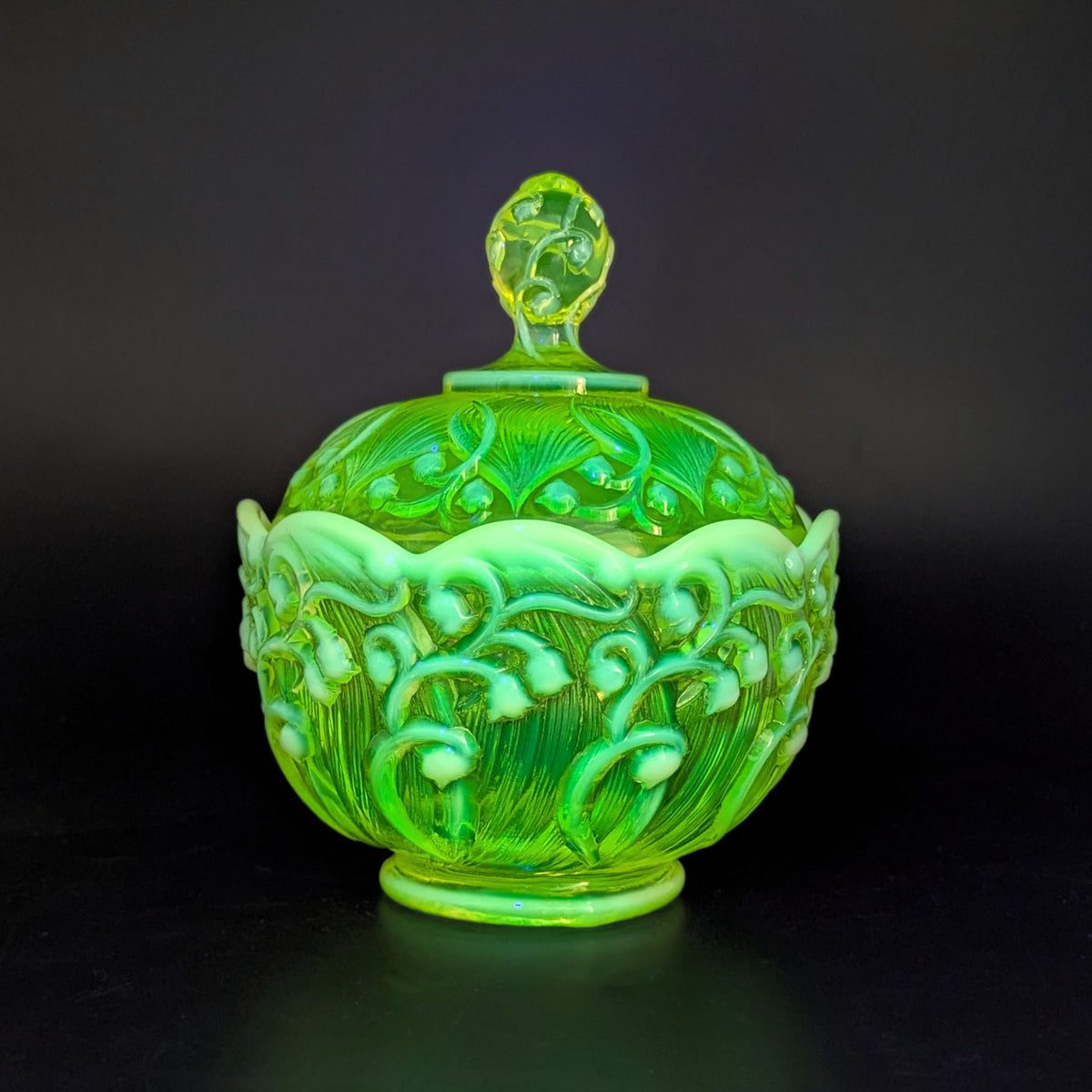 Fenton “Lily of the Valley” Topaz Green Uranium Glass Lidded Candy Dish