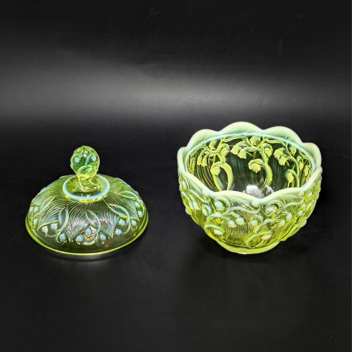 Fenton “Lily of the Valley” Topaz Green Uranium Glass Lidded Candy Dish