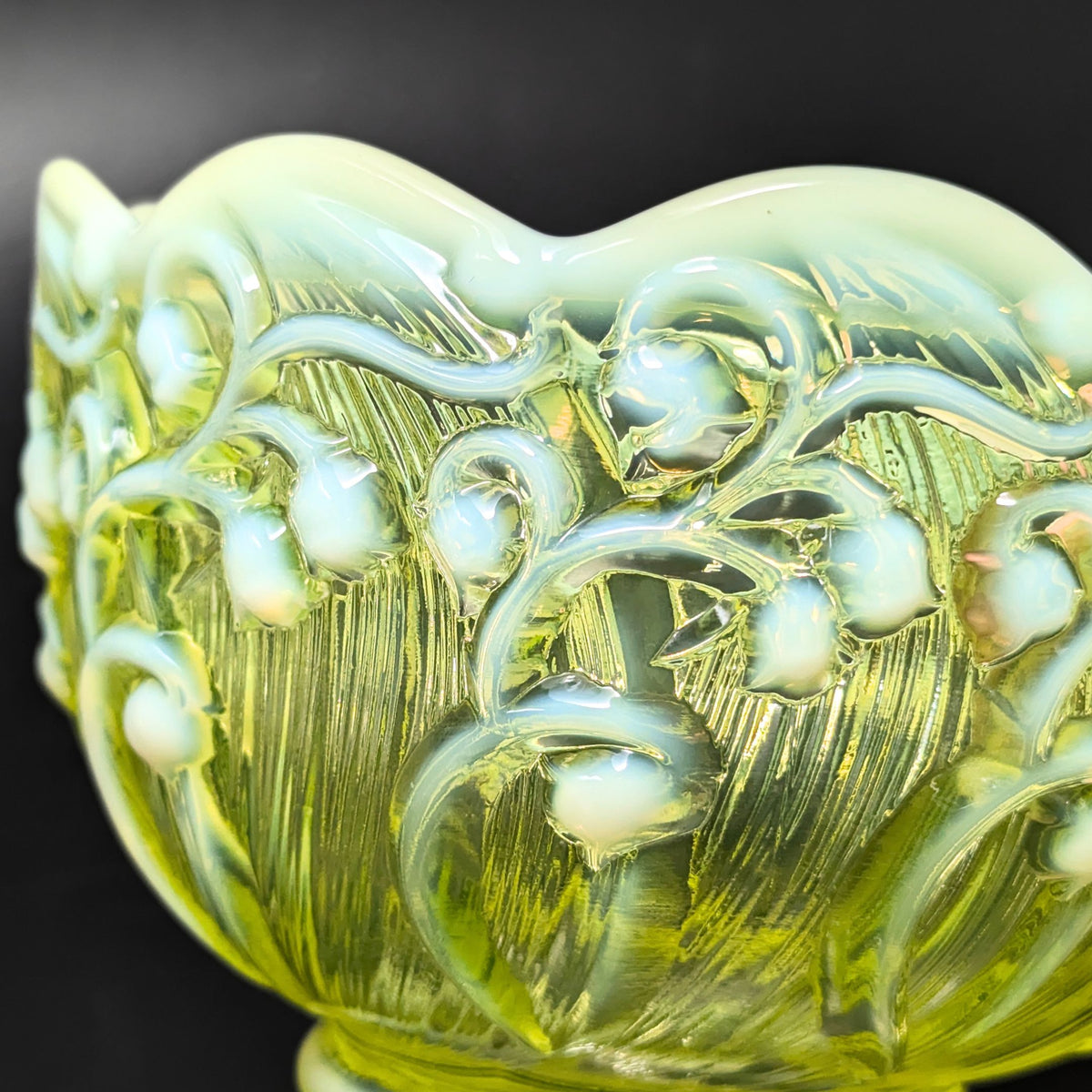 Fenton “Lily of the Valley” Topaz Green Uranium Glass Lidded Candy Dish