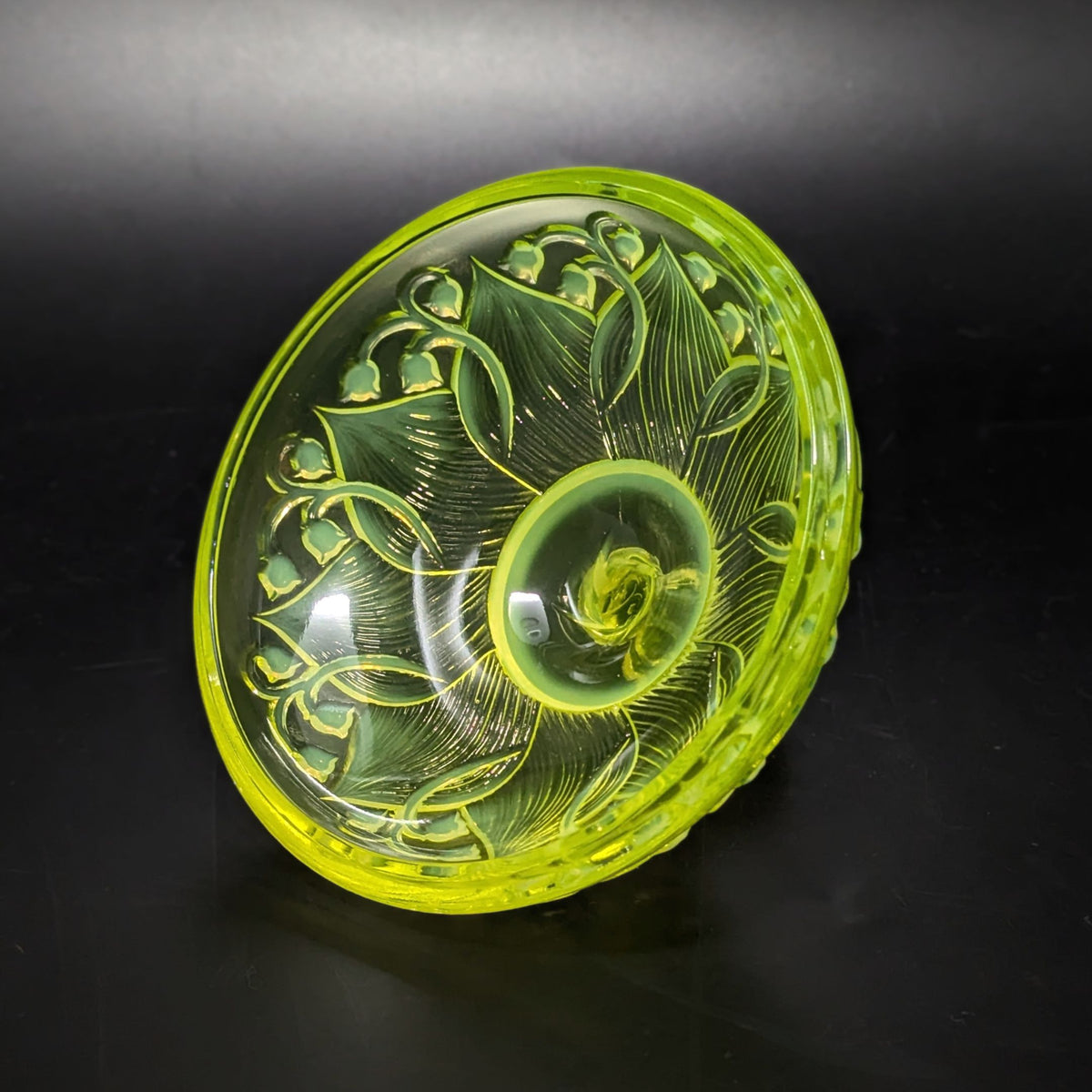 Fenton “Lily of the Valley” Topaz Green Uranium Glass Lidded Candy Dish