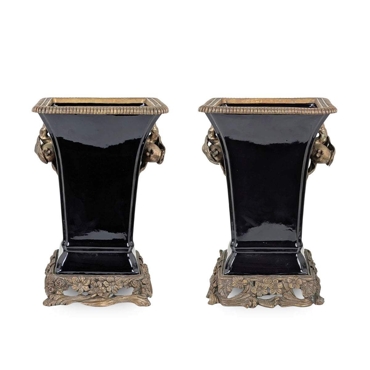 Vintage Castilian Neoclassical 14.5" Porcelain & Bronze Planters (2)