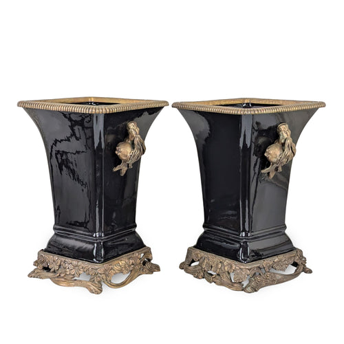 Vintage Castilian Neoclassical 14.5" Porcelain & Bronze Planters (2)