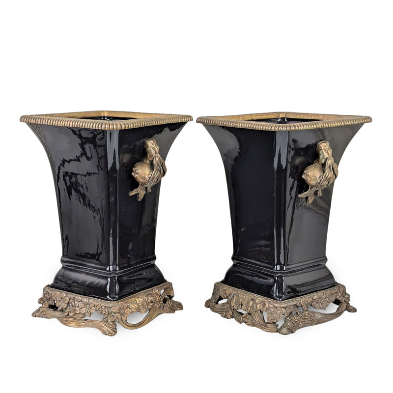 Vintage Castilian Neoclassical 14.5" Porcelain & Bronze Planters (2)