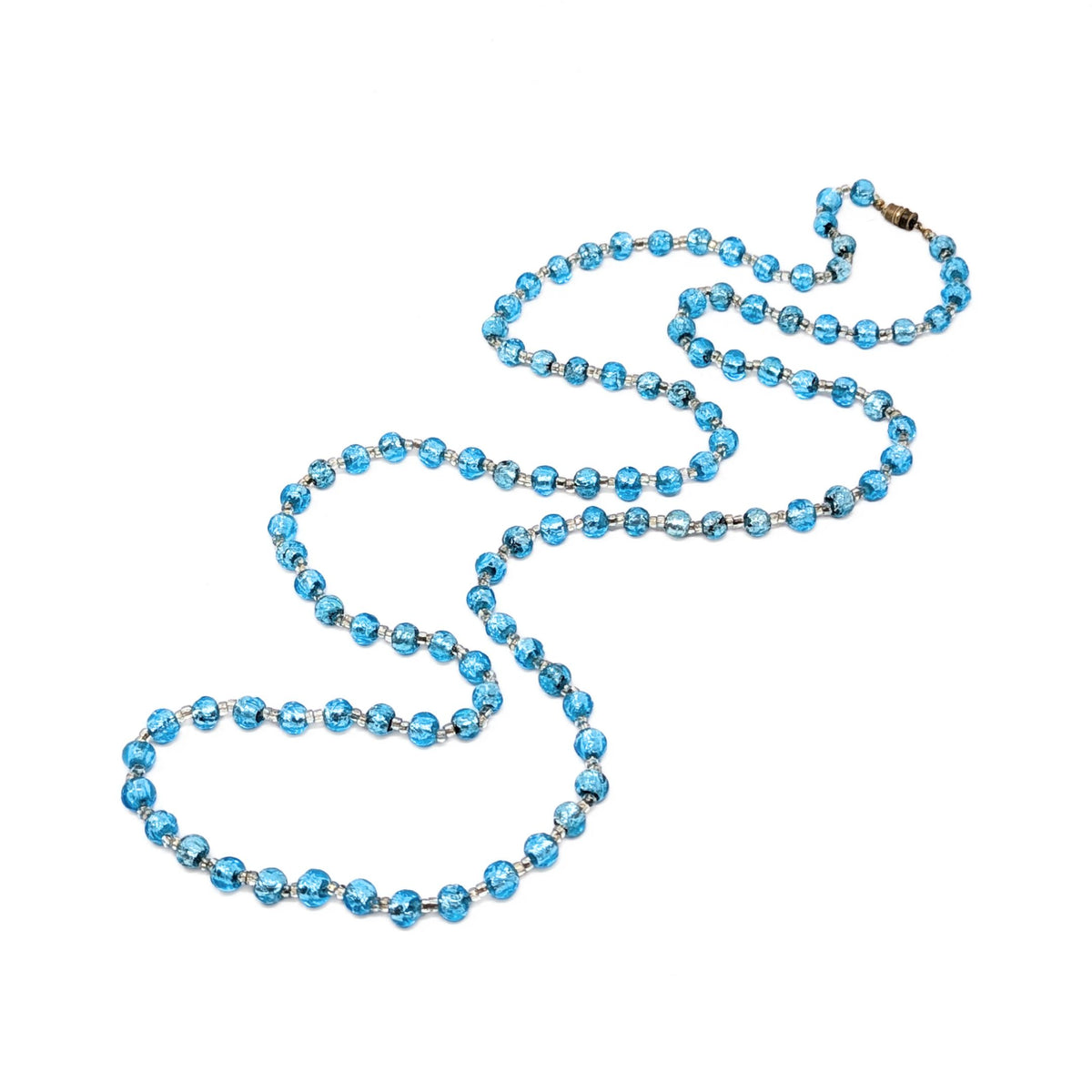 Vintage Venetian 52” Aqua Blue Foil Glass Bead Flapper Strand Necklace