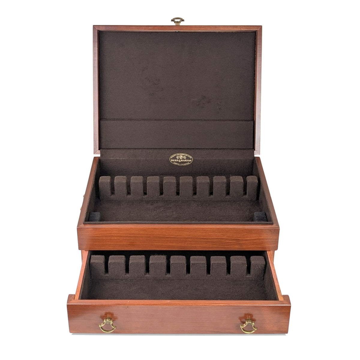 Reed & Barton 2-Tier Cherry Silverware Storage Chest, "B" Monogram Nameplate