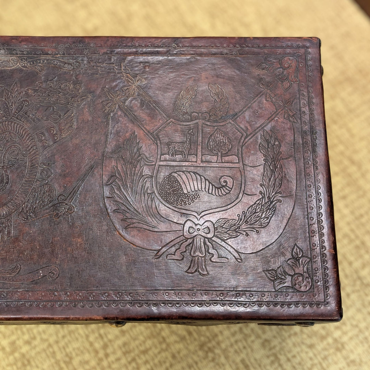 19th c. Peruvian Walnut Hand Tooled Leather Coffee Table, US Great Seal