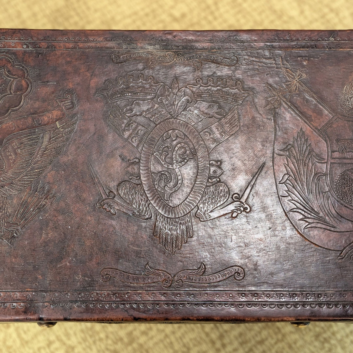 19th c. Peruvian Walnut Hand Tooled Leather Coffee Table, US Great Seal