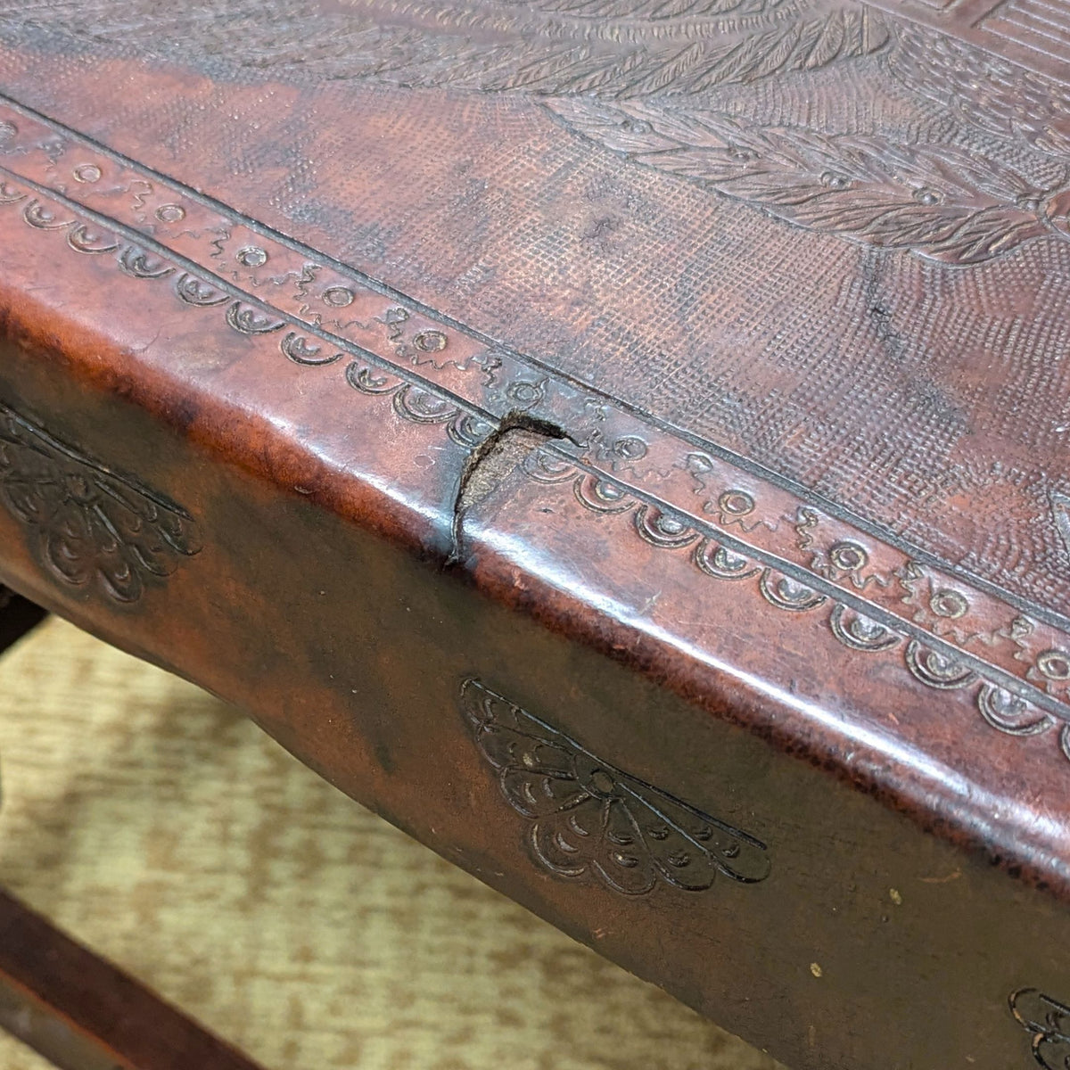19th c. Peruvian Walnut Hand Tooled Leather Coffee Table, US Great Seal