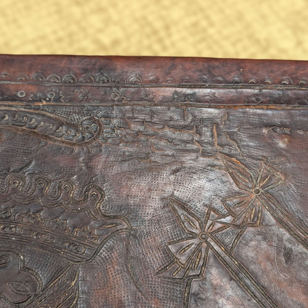 19th c. Peruvian Walnut Hand Tooled Leather Coffee Table, US Great Seal