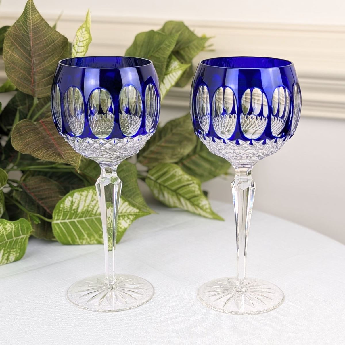 Godinger Edinburgh Cobalt Blue Cut-to-Clear Crystal Wine Hock Glasses (2) NOS