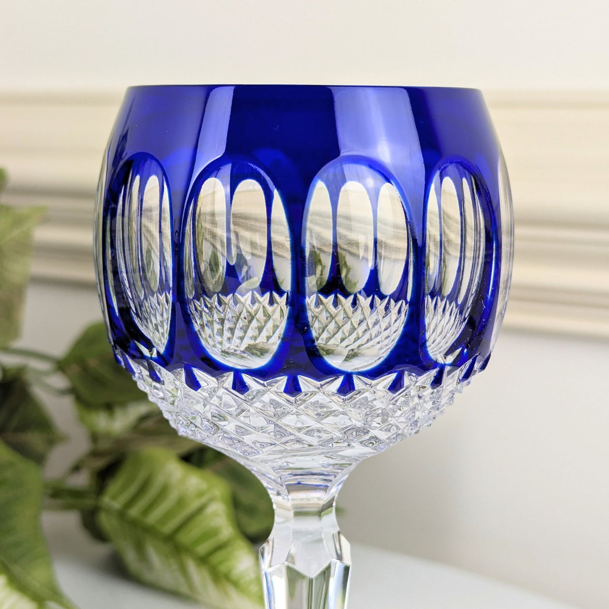 Godinger Edinburgh Cobalt Blue Cut-to-Clear Crystal Wine Hock Glasses (2) NOS