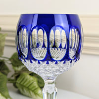 Godinger Edinburgh Cobalt Blue Cut-to-Clear Crystal Wine Hock Glasses (2) NOS