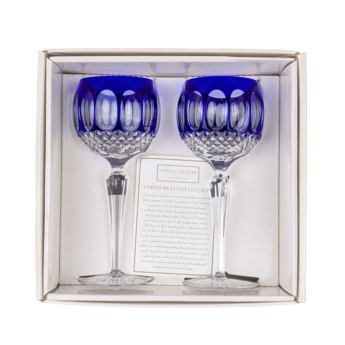 Godinger Edinburgh Cobalt Blue Cut-to-Clear Crystal Wine Hock Glasses (2) NOS