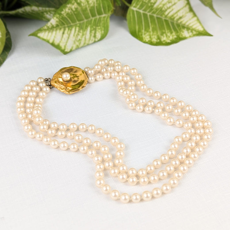 Miriam Haskell Vintage Multi-strand Faux Pearl Oyster Clasp Necklace