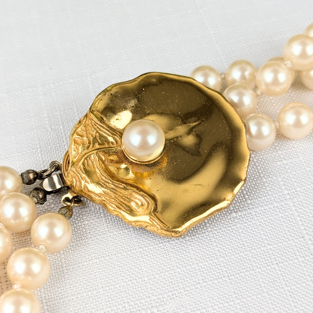 Miriam Haskell Vintage Multi-strand Faux Pearl Oyster Clasp Necklace